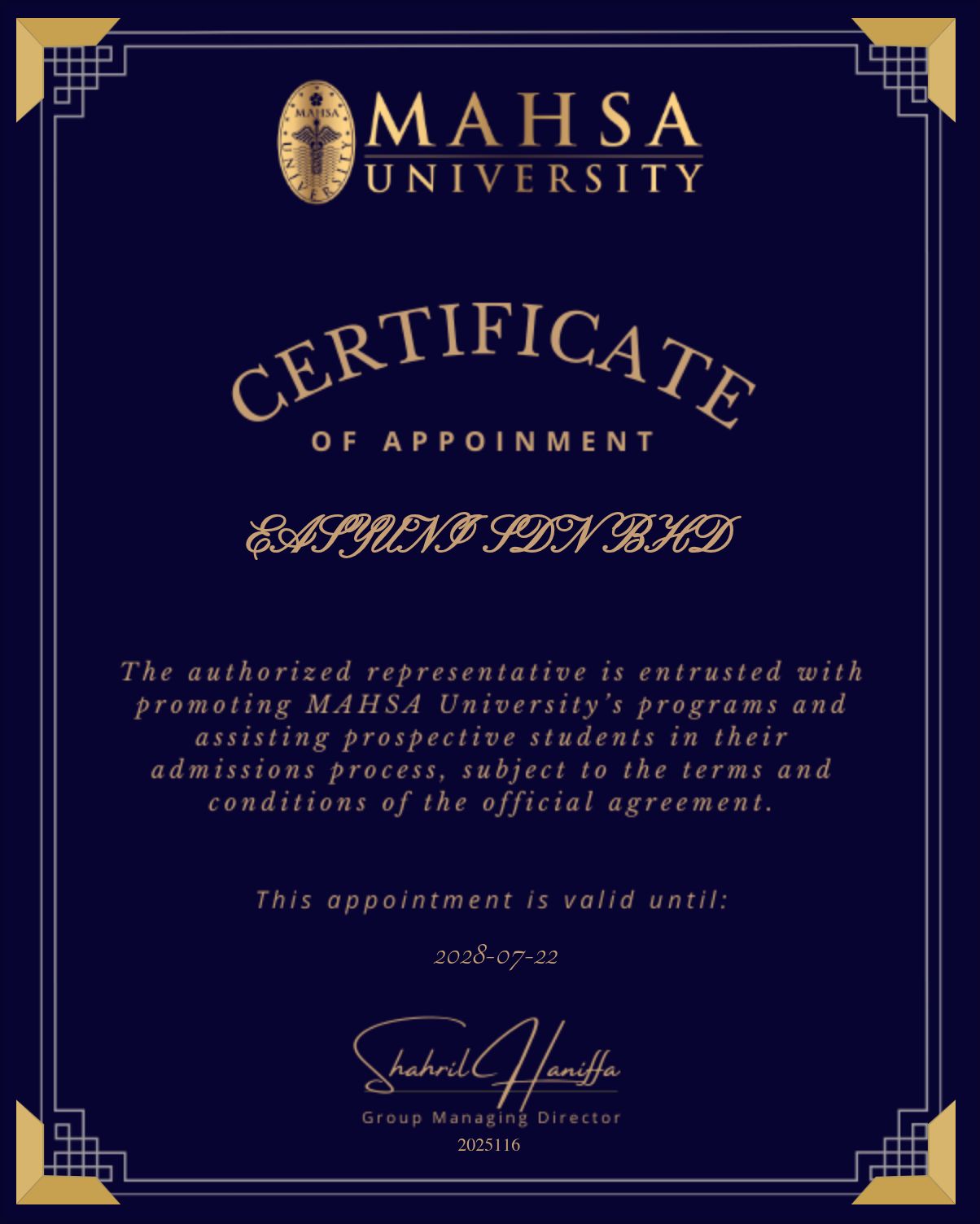 Mahsa's Partnership Certificate